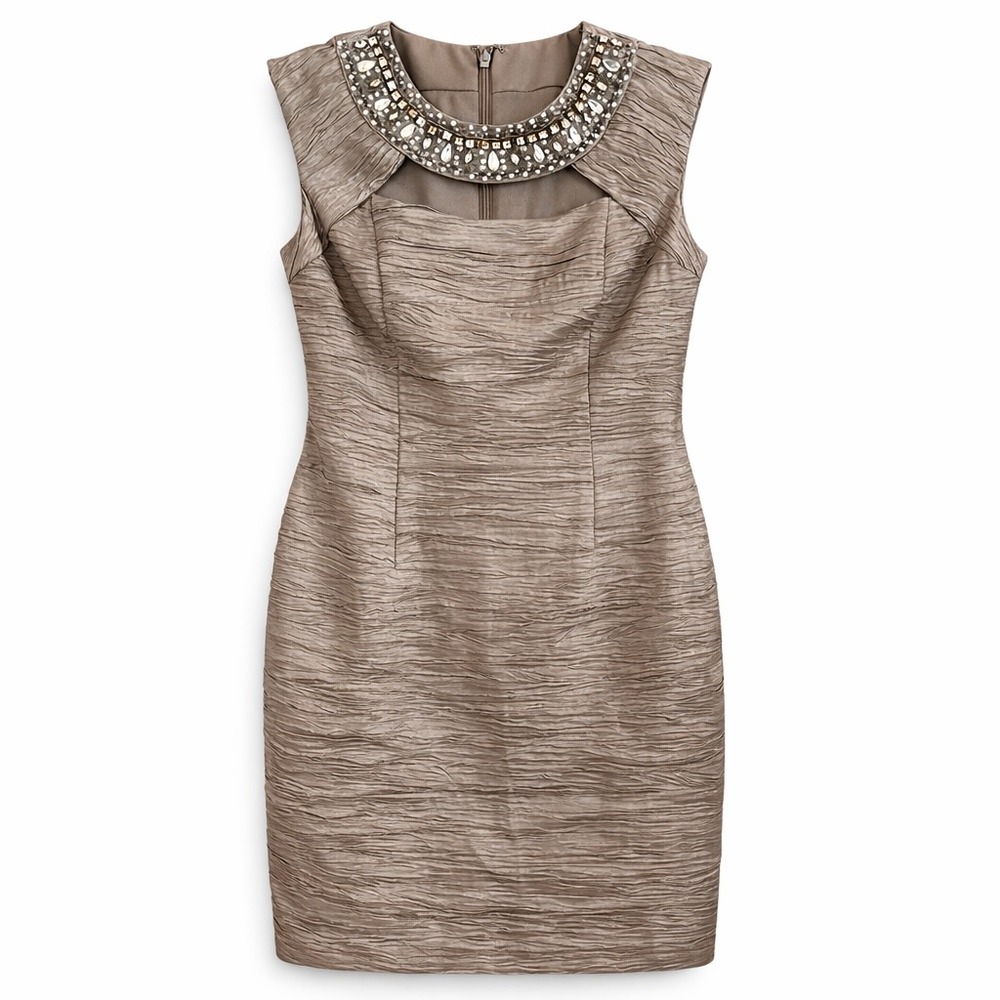 Eliza J Women Champagne Metallic Crinkle Embellished‎ Sheath Dress 2 EJ6M0501